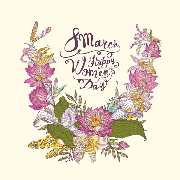 8 марта. Счастливого женского дня! Векторная карта с цветами — стоковый вектор