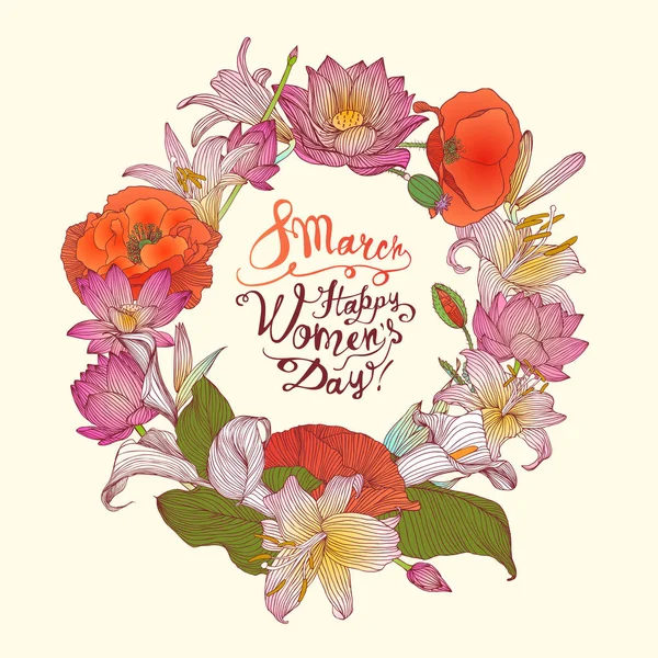 8 de marzo. ¡Feliz Día de la Mujer! Tarjeta con corona floral — Vector de stock