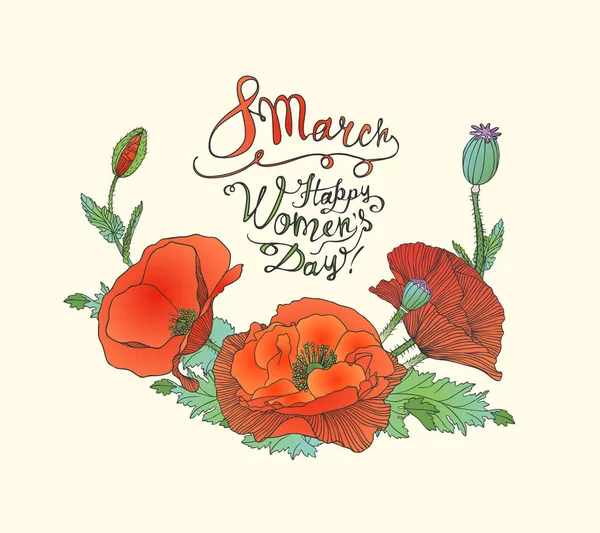 8 mars. Glad kvinnodagen! Vallmo blommor — Stock vektor