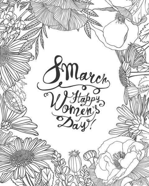 8 de marzo. ¡Feliz Día de la Mujer! Marco floral lineal vectorial — Vector de stock