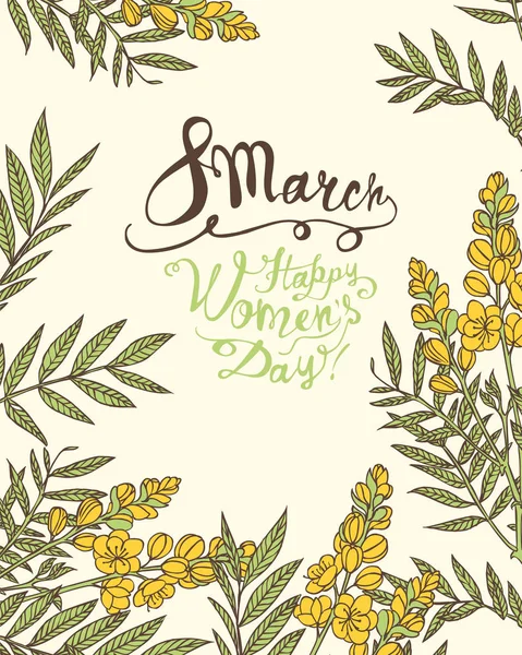 8 mars. Glad kvinnodagen! Senna blommor — Stock vektor