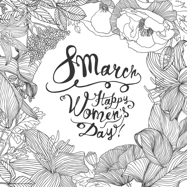 8 de marzo. ¡Feliz Día de la Mujer! Tarjeta con marco floral — Vector de stock