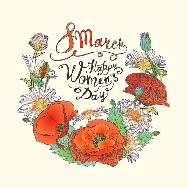 8 mars. Glad kvinnodagen! Kort med blommor — Stock vektor