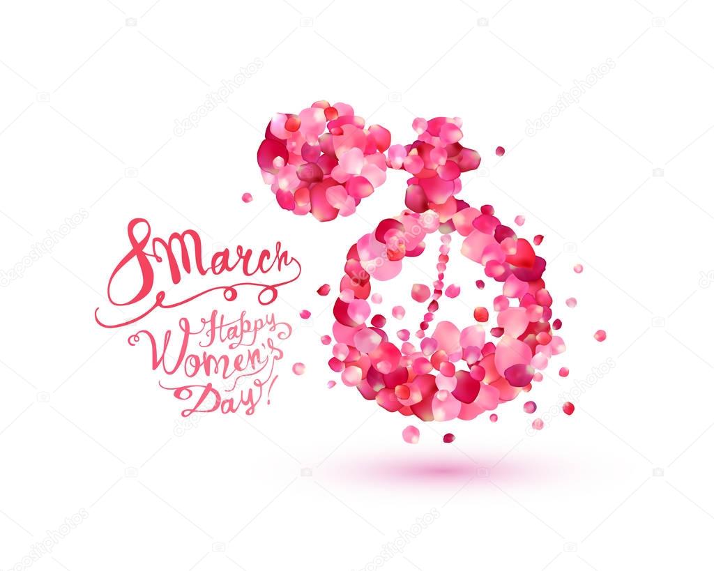 Happy woman's day! 8 March. Perfume bottle of petals.