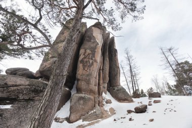 Krasnoyarsk Pillars rezerv. Tüyler Rock, kış manzarası