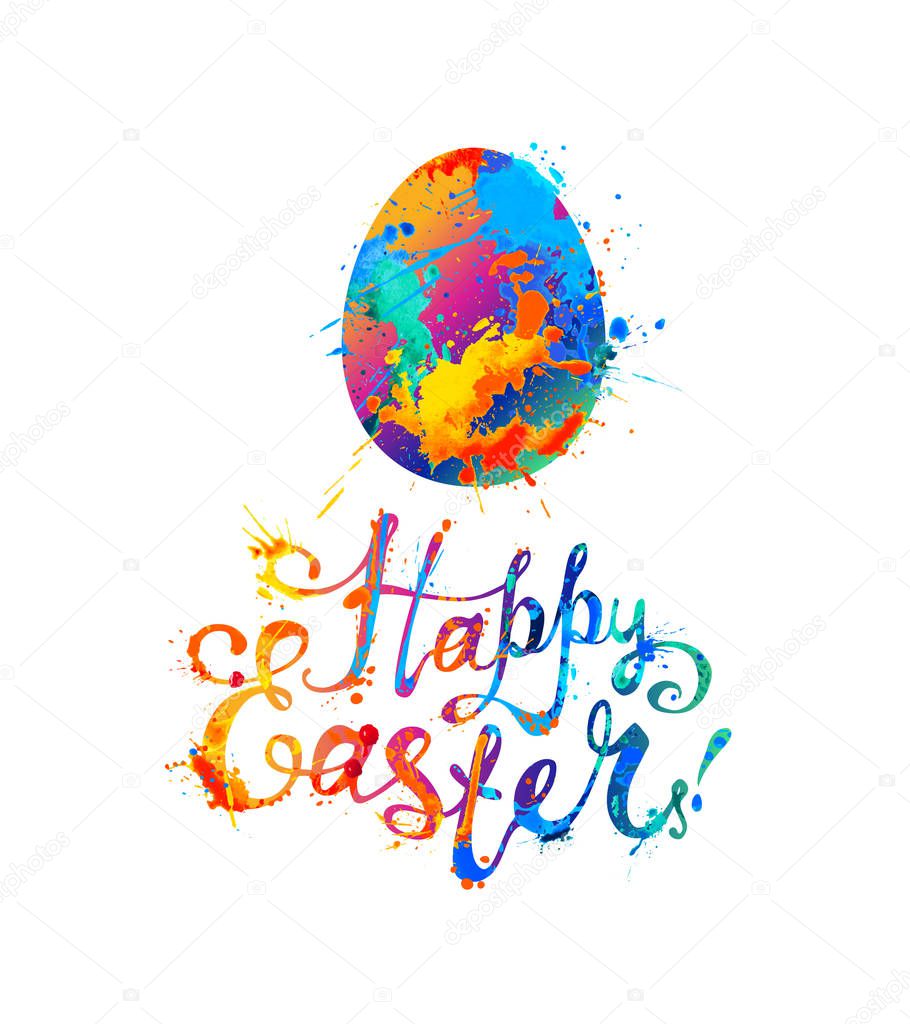 Happy Easter! Splash paint hand written inscription and Easter e