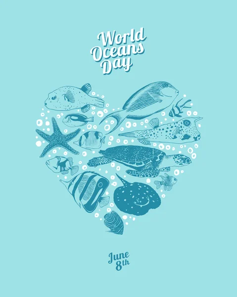 Día Mundial de los Océanos. 8 de junio. Corazón de animales marinos — Vector de stock