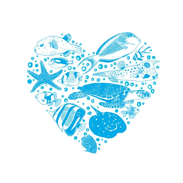 Coeur des habitants de la mer et de l'océan . — Image vectorielle