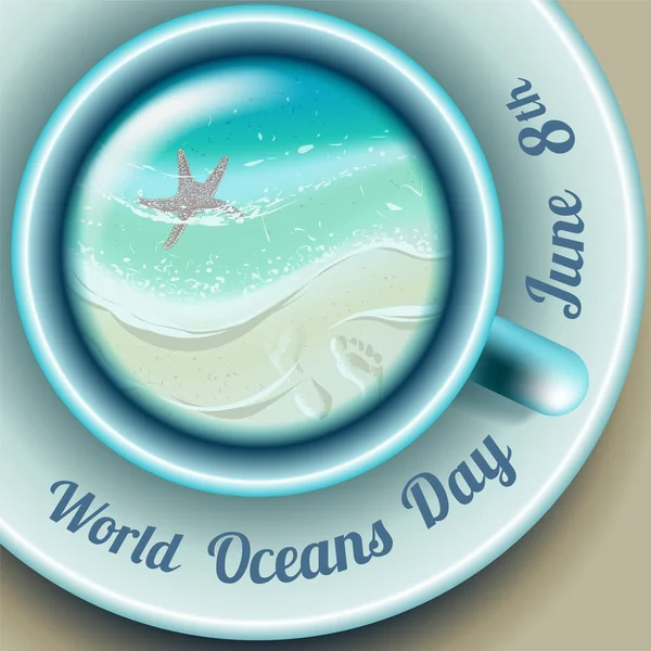 Día Mundial de los Océanos. Tarjeta de vacaciones con ola en taza — Vector de stock