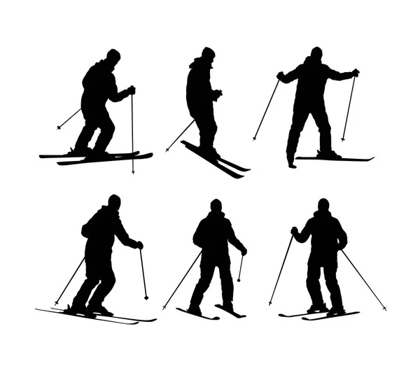 Vector silhouette of a skiing man. Black on white. Set — Stock Vector