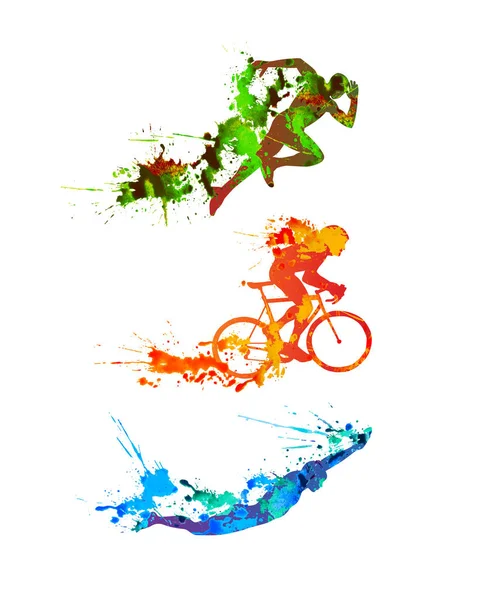 Állítsa be a triatlon. Splash festeni sziluettek — Stock Vector