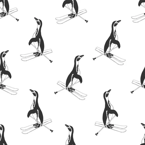 Patrón sin costuras - pingüinos en esquís — Archivo Imágenes Vectoriales