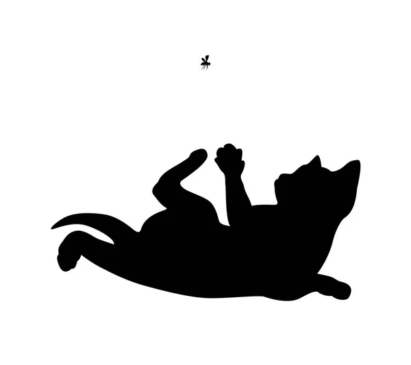 Gato caza la mosca, silueta negra — Vector de stock