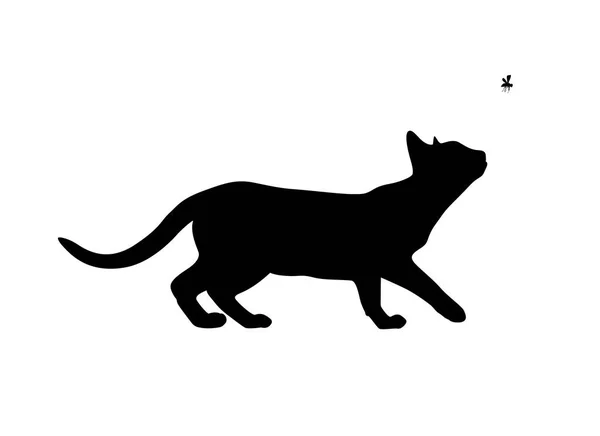 Gatto cattura la mosca, silhouette nera — Vettoriale Stock