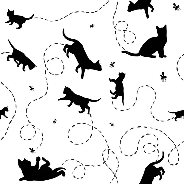 Seamless vector pattern - kittens and flies — Stock Vector