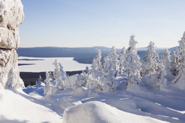 Dağ Zuratkul, kış manzarası. Snowdrifts ormanının yakınındaki