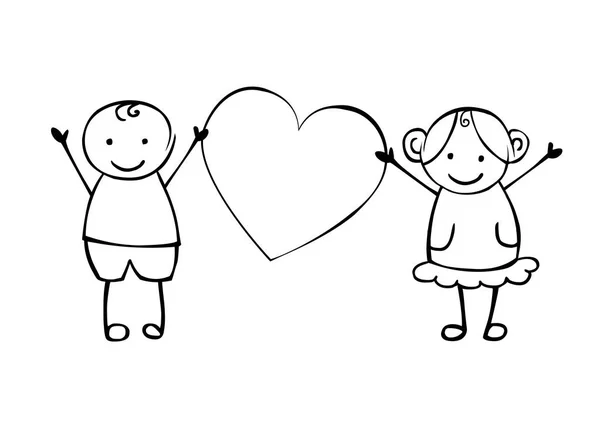 Niño y niña lineales (o hombre y mujer) con corazón . — Vector de stock