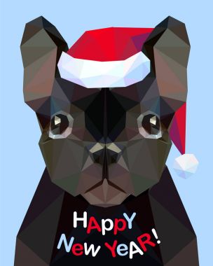 Yeni Yılınız Kutlu Olsun! Kutlama kartı. Fransız buldozer. Köpek - işaret