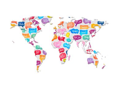 Word Merhaba baloncuklarla konuşma deseni ile dünya harita