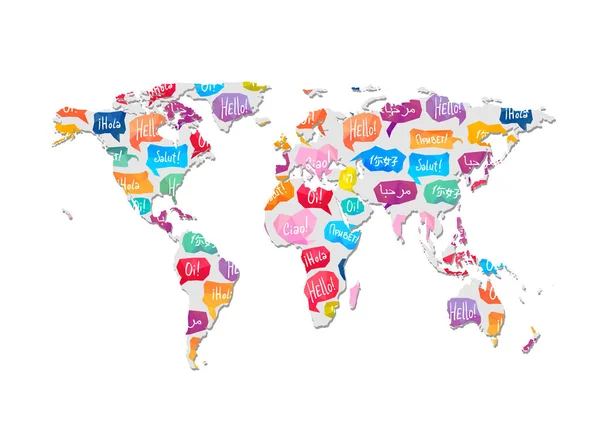Word Merhaba baloncuklarla konuşma deseni ile dünya harita — Stok Vektör