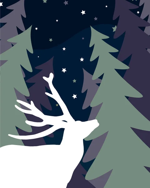 Cerfs dans la forêt d'épinettes. Nuit . — Image vectorielle