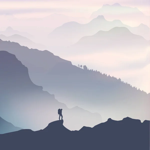 Traveler terlibat dalam trekking di pegunungan. Pemandangan matahari terbit - Stok Vektor
