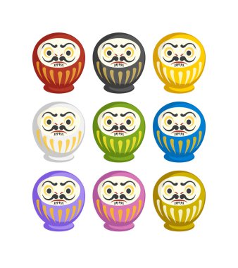 Geleneksel Japon Daruma bebek kümesi. Düz vektör. 