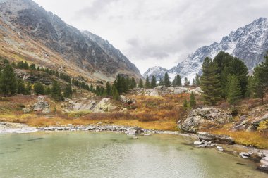 Göl Kuiguk Altay Dağları'nda bir bakış. Sonbahar manzara