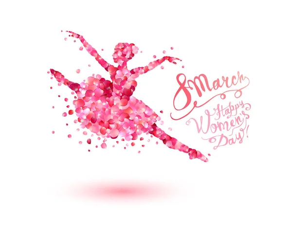 8 maart. Happy Women's Day! Dansende vrouw van rozenblaadjes — Stockvector