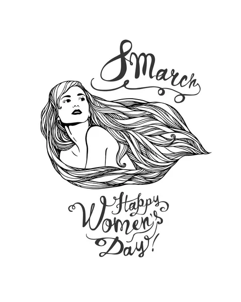 8 mars. Glada kvinnodagen! Tjej med långt hår. Linjära illustra — Stock vektor