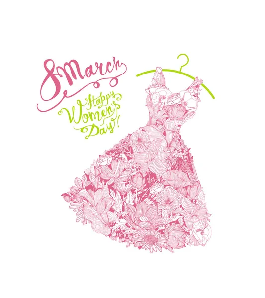 幸せな女の日!3 月 8 日の休日。花柄のドレス — ストックベクタ