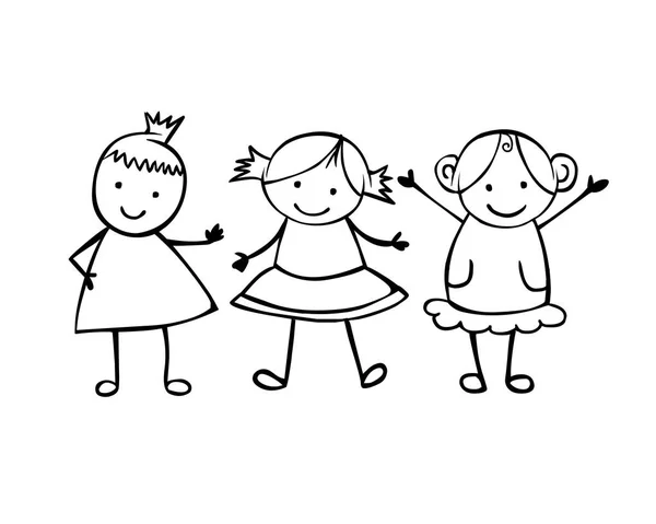 Amigos. Tres chicas. Gente pequeña en el estilo de los niños — Vector de stock