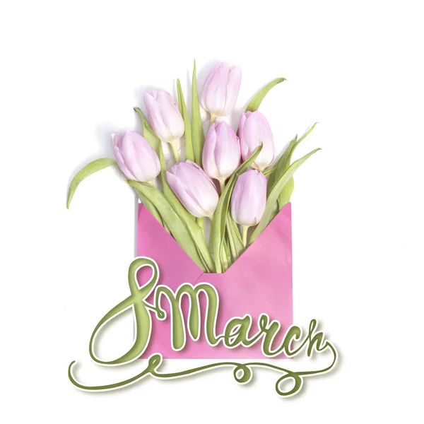 Március 8. Boldog nőnap alkalmából! Rózsaszín tulipán virág kártya — Stock Fotó