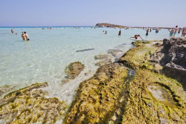 Akdeniz deniz manzara. Beyaz kumlu Nissi Beach, Kıbrıs, Ay
