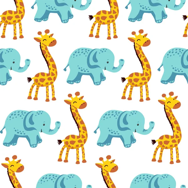 Plat naadloze patroon met giraffe en olifant — Stockvector