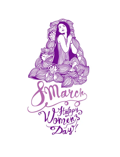8 mars. Glad kvinnodag. Flicka i orkidéblommor. Linjär illustr — Stock vektor