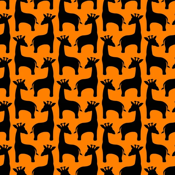 Nahtloses Muster der Giraffe. Schwarze Silhouetten auf orangefarbenem Hintergrund — Stockvektor