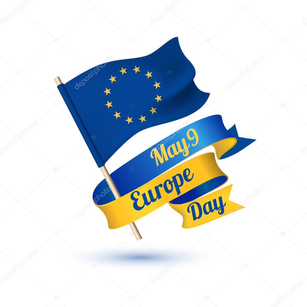 May 9. Europe day holiday congratulation vector card with European Union flag