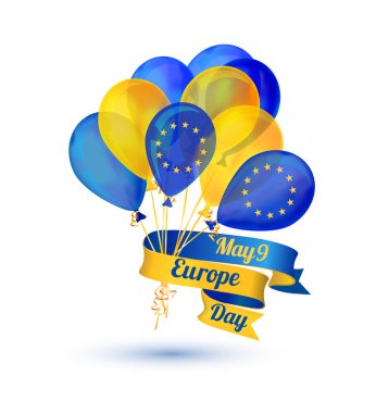 9 Mayıs. Avrupa günü balonlu kutlama vektör kartı.