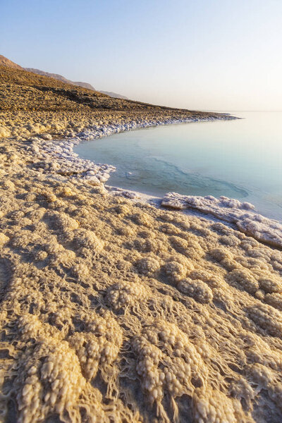 Salt on the shore of the Dead Sea. Jordan landscape