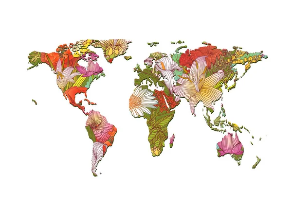Farklı Çiçeklerin Dünya Haritasının Silueti Vektör — Stok Vektör
