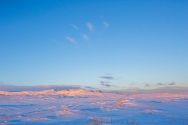 Kar çölü. Kola Yarımadası Kış sabahı manzarası