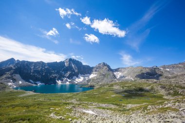 İsimsiz Geçit 'ten Yeshtu Vadisi' nin manzarası. Ala-Askir Gölü. Altai Dağı manzarası