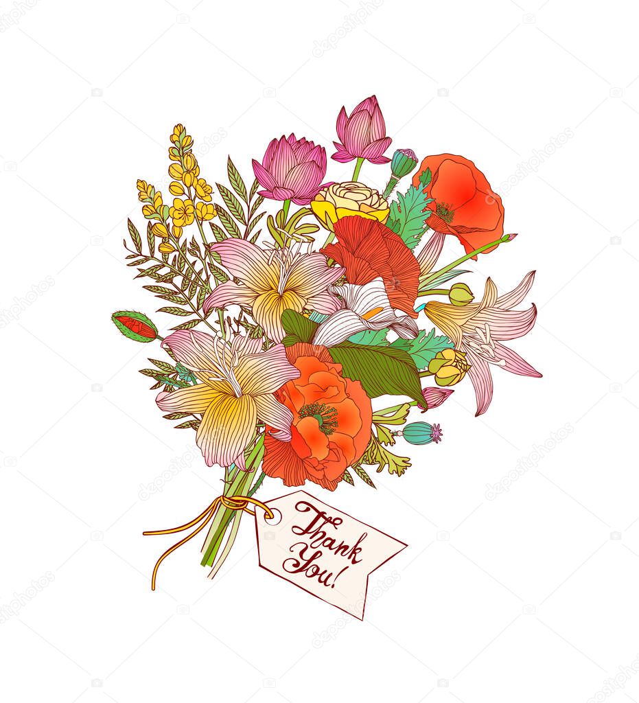 Thank You vector card with a bouquet of flowers