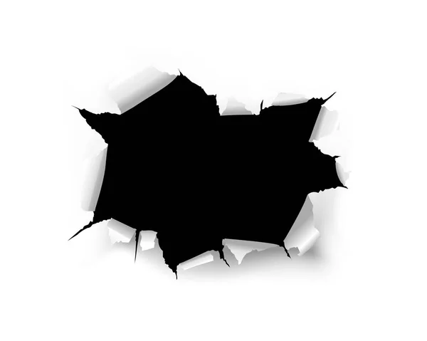 Buraco negro rasgado em um fundo branco de uma folha de papel — Vetor de Stock