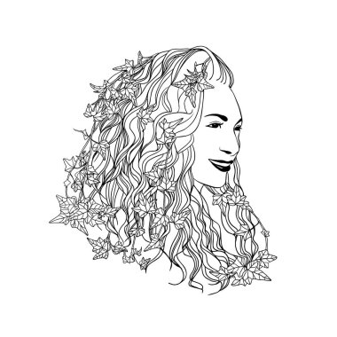 Saçında sarmaşık yaprakları olan bir kız. El çizimi portre. Vektör doğrusal illüstrasyon