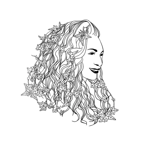 Chica Con Hojas Hiedra Pelo Retrato Hecho Mano Ilustración Lineal — Archivo Imágenes Vectoriales