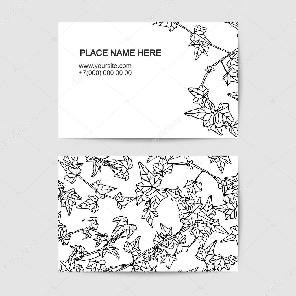 visit card vector template with ivy. Black and white linear pattern