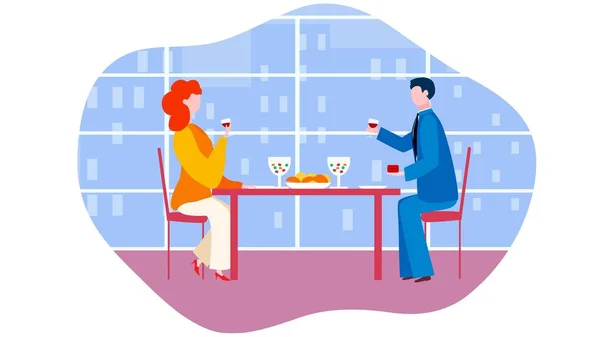 Lovers sit in a cafe, drink wine, a man gives a woman a ring, offers to get married, there are houses outside the window, evening. Vector illustration.