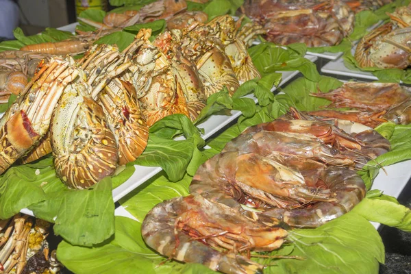 Camarão real recém-cozido em folhas de alface verde — Fotografia de Stock